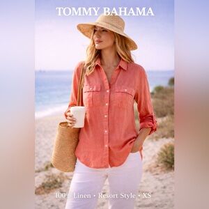 Tommy Bahama Linen Button Down Shirt Coral XS Roll Tab Sleeve